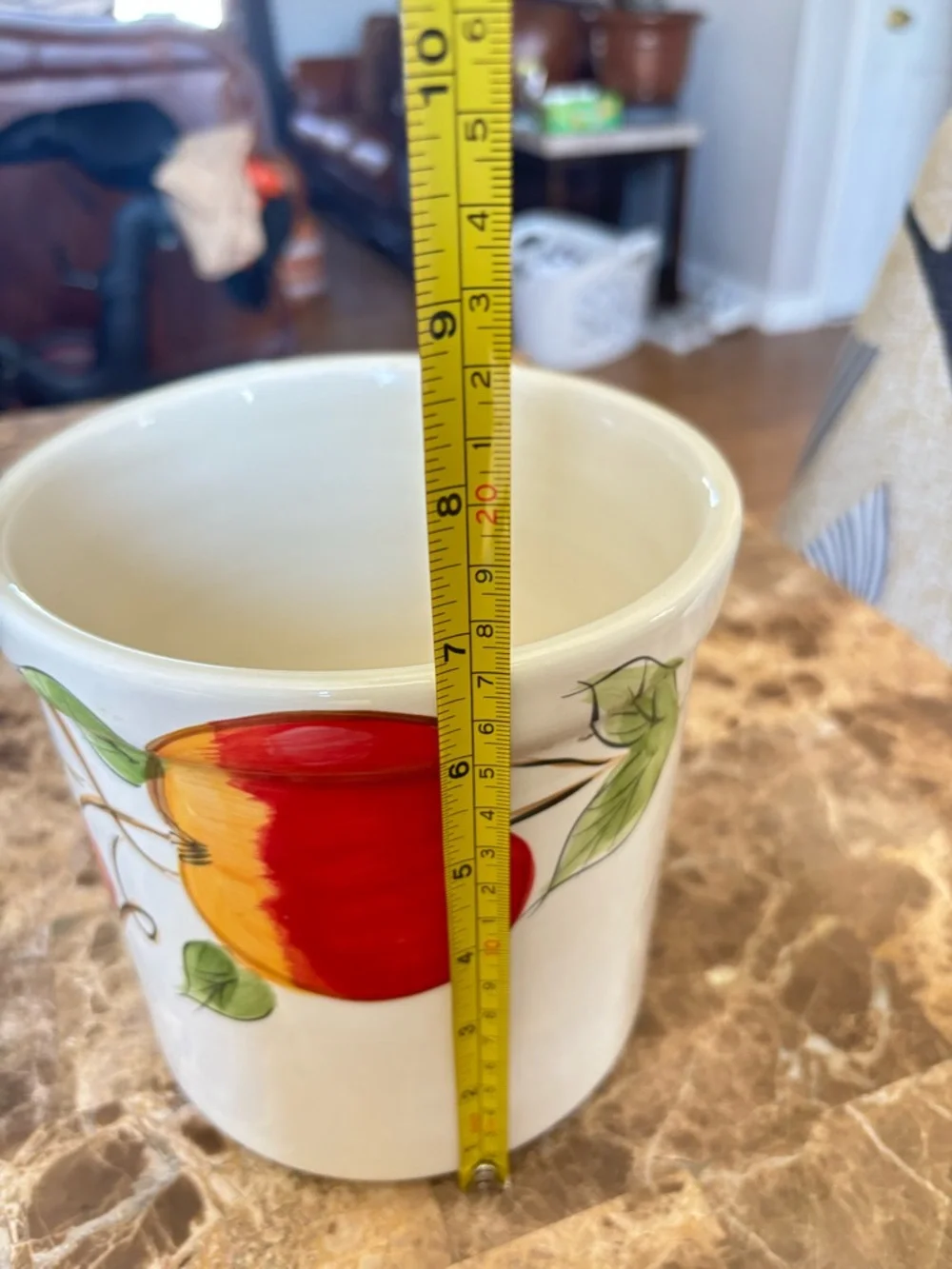 EUC-Home Collection Cream Ceramic Container with Fruit Artwork